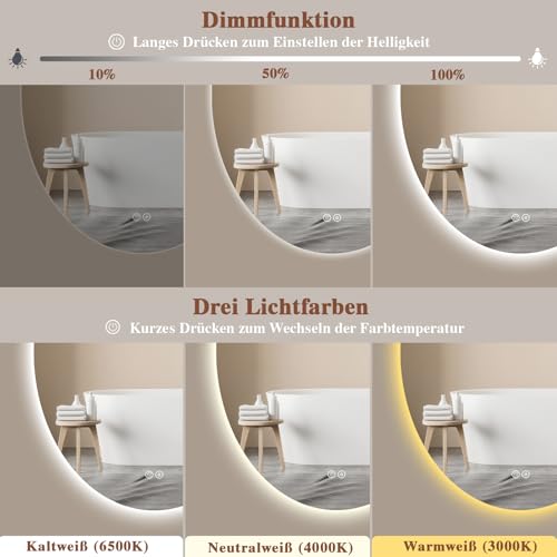 Archaluxe Badspiegel-mit-Beleuchtung LED Badezimmer Spiegel Oval 50x70cm – Ansicht 3