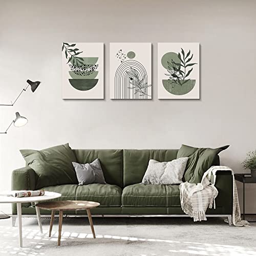 Sage Green Wall Posters & Prints, Green Boho Wall Art Set Of 3, Minimalist Framed Wall Art Geometric Line Leaf Sun Moon Beige Green Canvas Artwork Paintings #TOP1