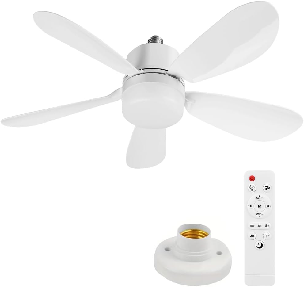 Ventilateur de Plafond avec Lumière et Telecommande, E27/E26 Lampe de Ventilateur LED Dimmable Plafonnier Timing, 5 Pales, Silencieux, 3 Vitesses, pour Salon,...