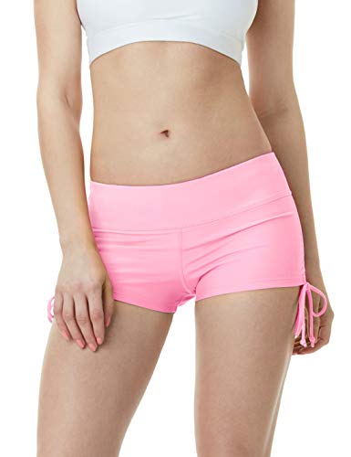 TSLA Women's Swim Shorts, Quick Dry Water Beach Board Short, Tankini Bathing Athletic Swimsuit Bottoms, Shirred Tie(fsb04) - Pink, Medium