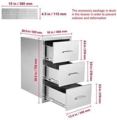 Happybuy Outdoor Kitchen Drawers 16" W x 28.5" H x 20.5" D, Flush Mount Triple Access BBQ Drawers, Stainless Steel with Handle for Outdoor Kitchens or BBQ Islands