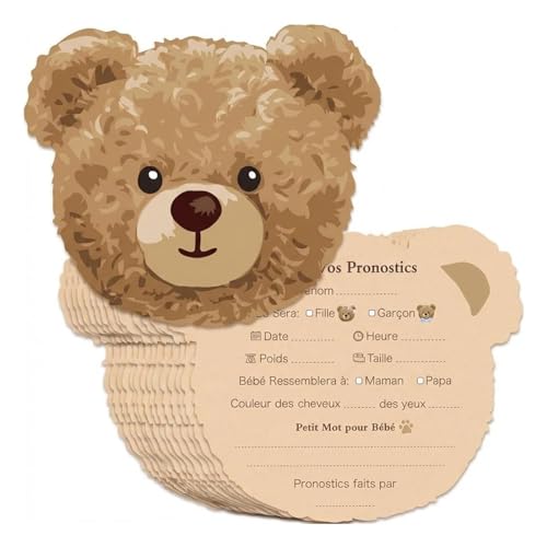 Gemejutor 20 Cartes De Pronostics Bébé Ours en Peluche Françaises - Jeux De Baby Shower pour Révélation du Genre - Décorations Et Conseils pour Fête De Naissance