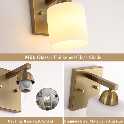 Image of Mecgirn Brass Milk Glass Wall Sconces, 1 Pack Hardwired Indoor Wall Light Fixtures for Living Room, Hallway, Bedroom, Ceramic E26 Sockets (Bulbs Not Included)