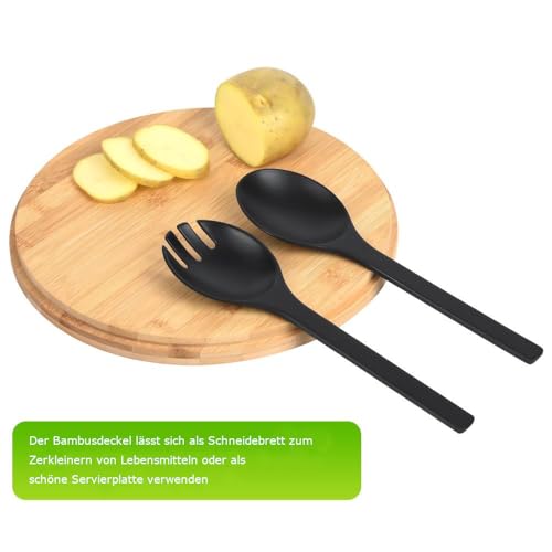 Foto von INNOVEST Salatschüssel mit Deckel Bambus mit Schneidebrett, Besteck, Salatbesteck-Inklusive 4 Servierschalen, Obstschüssel-Salad Bowl-Schüsselset-Snackschale- 3,5 l, Schwarz, 24,9 cm