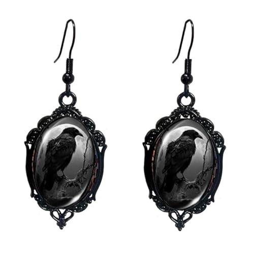 Gothic Halloween Cameo Earrings,Vintage Crystal Glass Witch/Raven/Bat/Tree Dangle Earrings Punk Style Dark Earring Goth Victorian Earring Halloween Jewelry for Women