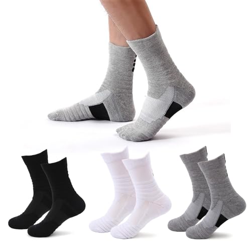 Compression Socks 3 Pack for Men & Teens - Thick Cushioned Sports Running Socks for Basketball, Tennis, Cricket & Gym | Non-Slip Arch Support, Sweat-Wicking (Black/Grey/White, Fits AU Shoe Sizes 7-12)
