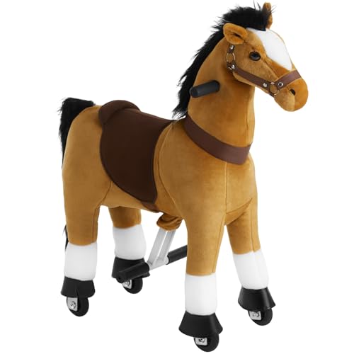 tectake® Cheval à Bascule et à roulettes - Poney Jouet pour Enfant 3-12 Ans (2 Tailles) - Animal à Bascule avec Selle & Harnais - Porteur pour Maison & Extérieur