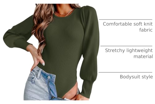 Image of MASCOMODA Womens Puff Long Sleeve Ribbed Sweater Bodysuits | Fall Winter Outfits 2026, Crewneck Knitted Bodysuit Dressy Casual, Cute Slim Fit Pullover Tops, Work, Date, Dress Up & Down