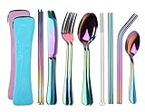Reusable Travel utensils cutlery set with Case, OHFUN Stainless Steel Portable Flatware Set Silverware Set for Camping Picnic Office or School Lunch,Dishwasher Safe (Pink+Blue)