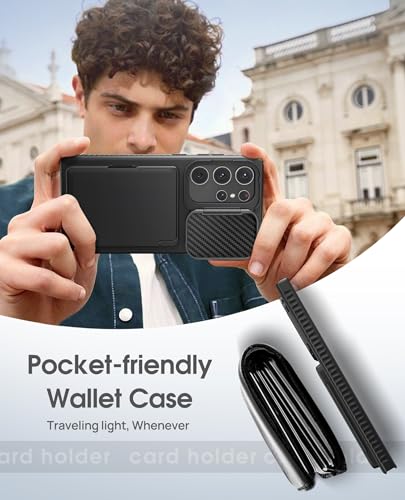 Image of Vihibii for Samsung Galaxy S24 Ultra Back Cover with Card Holder (4 Cards) & Stand & Camera Protective Cover, Hard Back Soft Edge Shockproof Kickstand Phone Case for Samsung S24 Ultra 6.8 inch, Black