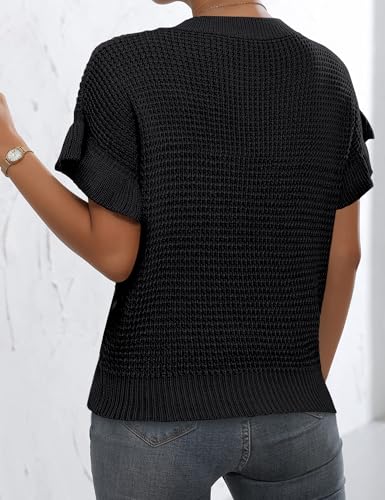 Image of Womens Short Sleeve Sweaters Ruffle Crewneck Pullover Sweater 2025 Casual Lightweight Summer Tops
