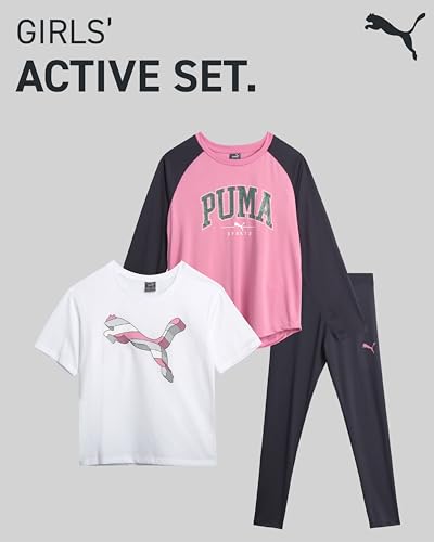 Image of PUMA Girls Leggings Set - 3 Piece Athletic Pullover Long Sleeve Shirt, Top, and Leggings Active Wear Set for Girls (S-L)