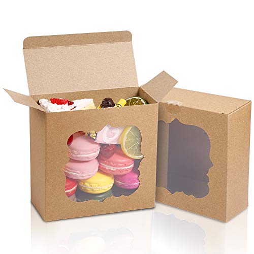 [35PCS] 6"X6"X2.5" Brown Bakery Boxes with PVC Window, Easy to Assemble, Ohwekit Cookie Box for Cupcakes, Candy, Strawberries, Dessert, Pastry, Pie, Cheesecake