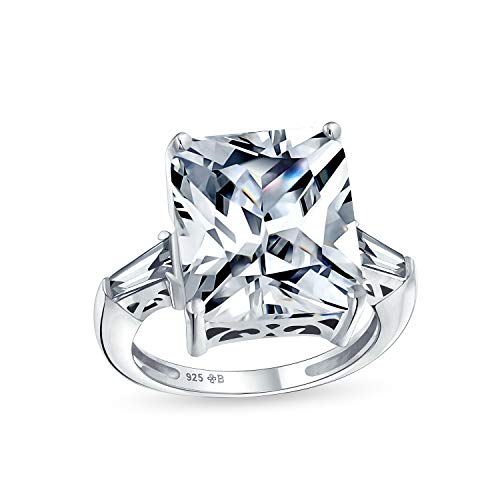 Bling Jewelry Art Deco Style Big 7CT AAA CZ Statement Solitaire Emerald Cut Engagement Ring For Women Side Stone Baguette Thin Band .925 Sterling Silver Decorative Setting