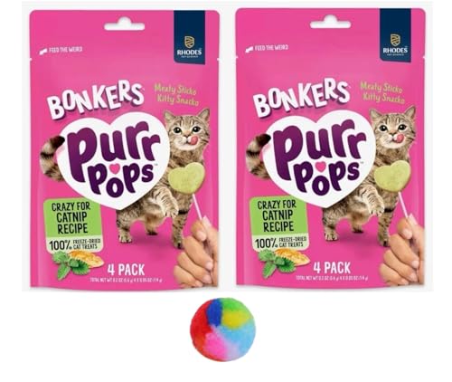 Bonkers Purrpops, Freeze Dried Crazy for Catnip Recipe Flavored Lollipop Cat Treats, for All Breeds and Ages - 8 Pieces (2 Packs) with 1 Cat Pom Pom Balls Toy