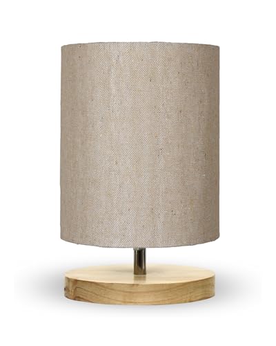 Image of Homesake Small Pine LED Table Lamp-Wooden Bedside Lamp Simple Bedroom Light Linen Shade Mini Desk Lamp Nightstand Lamps for Bedroom, Living Room, Gift, (Jute Cylinder)