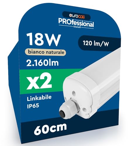 2 Plafoniere LED Impermeabili 18W 60cm 2160 Lumen Waterproof IP65 - Luce Naturale 4000K - Tubo Plafoniera Lineare LED SMD per Box Garage Magazzino e Ufficio con Alta Luminosità 120 lm/W