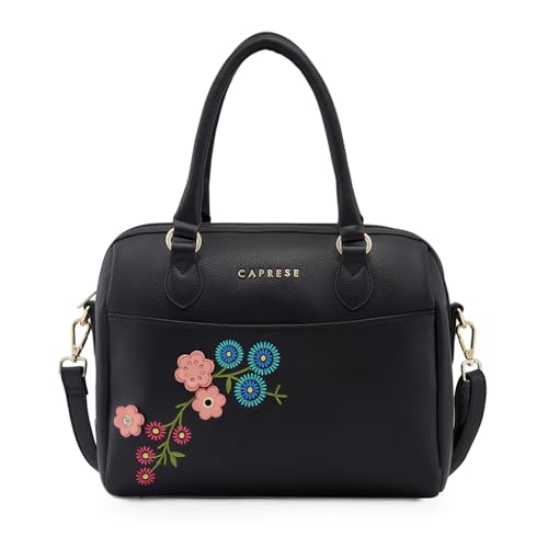 Image of Caprese Erica Satchel, Black-Medium | Sleek Embroidered Handbag for Women with Secure Top Zip | Multiple Compartments | Perfect for Casual & Daily Use