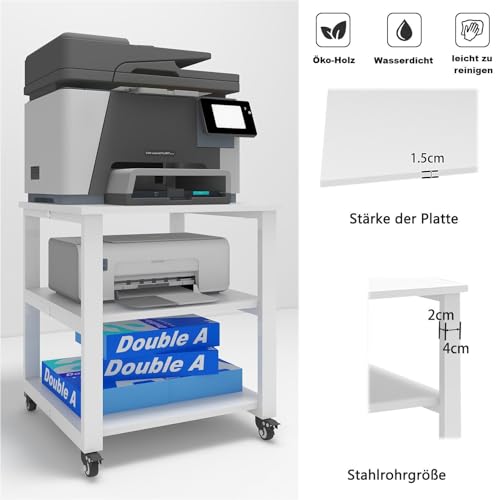 PUNCIA 3-Ebene Druckertisch mit Universalrollen mobiler Druckerständer aus Holz & Metall Druckerwagen Stauregal 50x50x50cm bis zu 70 kg belastbar weiß für Büro Zuhause Office Schule