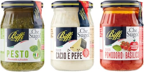 Biffi – Klassische italienische Soßenmischung – Pesto Classico 190 g - Sugo Cacio e Pepe 190 g - Tomaten-Basilikum-Soße – 3 Gläser 190 g