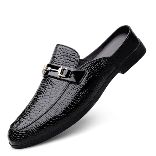 Men's Patent Leather Slip-On Dress Mules Slippers Fashion Printing Comfort Round Toe Low Heel Open Backless Casual Clogs Loafers with Metal Buckle Decoration