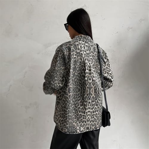 OCUH Denim Jacket for Women Leopard Print Oversized Denim Jacket Basic Button Down Long Sleeves Jean Jacket3