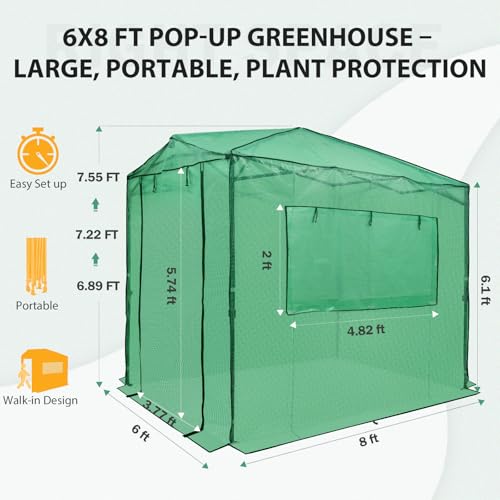 EAGLE PEAK Instant Pop-up Greenhouse, Indoor Outdoor Plant Gardening Green House, Roll-Up Zipper Doors and Side Windows, Walk in 8x6 ft, PE Cover, Green/Clear