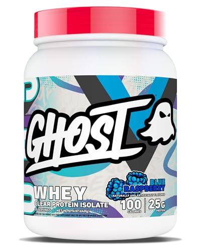 GHOST Clear Whey Isolate Protein Powder Blue Raspberry - 1.4 LB Tub 25G of Whey Protein - Post Workout Drink for Muscle Gain & Recovery Sugar Free Soy Free & Zero Fat 20 Servings