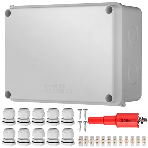 EYPINS IP65 Waterproof Junction Box, ABS Electrical Box Outdoor Cable Connector with M20 Cable Gland and Terminal Strip for Electrical Connection Box Control(150x110x70mm), White
