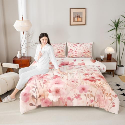 Image of Erosebridal Poppy Flowers King Comforter Set Pink Valentine Bedding Set for Kids Teens Romantic Love Heart Shaped Bed Set Spring Floral Quilt Duvet