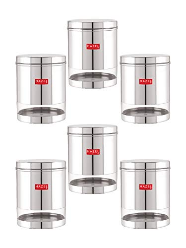 Image of HAZEL Stainless Steel Containers Set for Kitchen | 2200 ml Each Storage Transparent See Through Glossy Finish Storage Jars Dabba, Set of 6