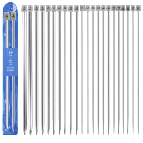 Knitting Needle Set 22 Pcs Knitting Needles Set 25cm Long Knitting Needles Metal Single Pointed Needle for Beginners Professional Handmade DIY (11 Sizes)