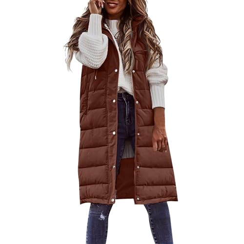 Womens Long Puffer Vest Winter Casual Sleeveless Full Zip Hooded Puffer Jacket Packable Lightweight Quilted Jacket Down Coats