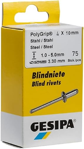 Gesipa 1464827 "PolyGrip" Stainless Steel Blind Rivets, Silver, 4 x 10 mm, Set of 75 Piece