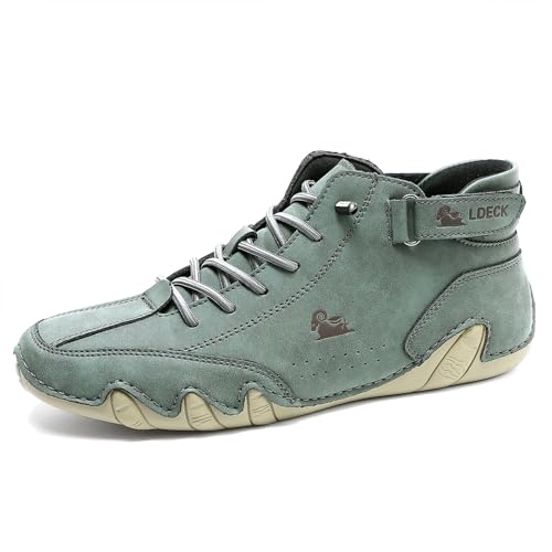 Italian Handmade Men's Suede High Top Boots, Lightweight Casual Leather Sneakers, Non-Slip Breathable Walking Shoes (11.5,Green)