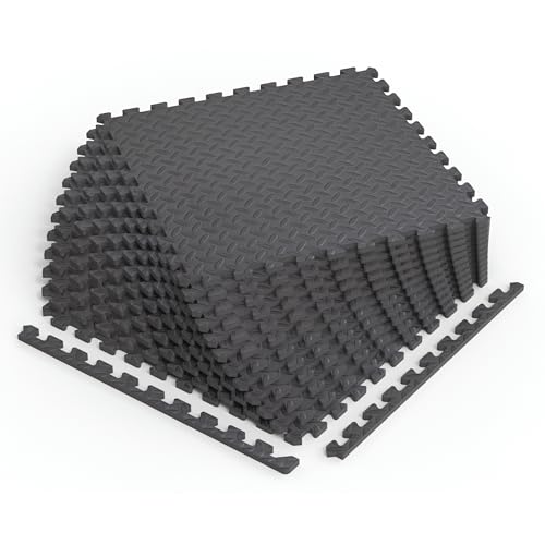 Norsk Foam Floor Gym Mats with Interlocking Tiles, .47" Thick, 24"x24", 12-Pack, 48 Square Feet, Diamond Plate Design, Grey