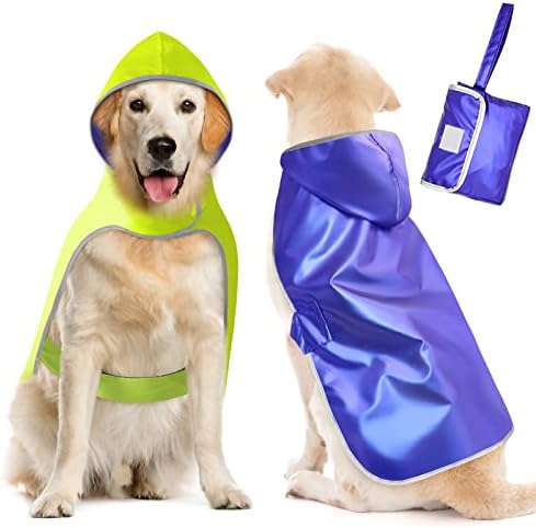Ezierfy Reversible Dog Raincoat - Lightweight Raincoats Jacket for Dogs, Adjustable Hooded Dog Raincoats, Waterproof Rain Coat Slicker Poncho for Small to XX- Large Dogs (Large, Green+Blue)