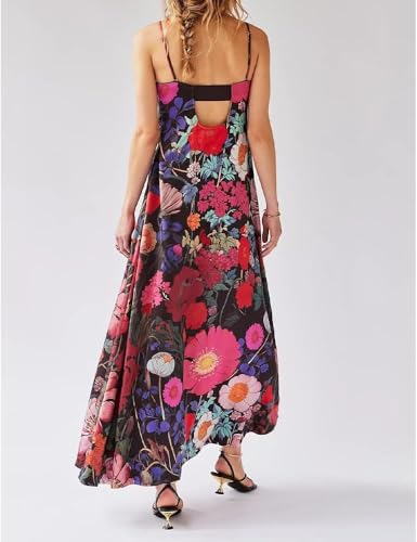 Image of Women Floral Maxi Dress Spaghetti Straps V Neck Lace Patchwork Flowy Tiered Boho Beach Sundress Long Dresses