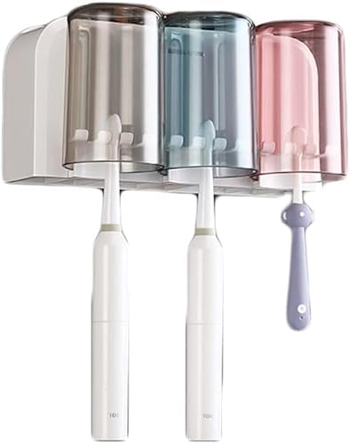 LIVIA歯磨き粉ホルダー 歯磨きコップ 浮かせるコップ 洗面所 コップスタンド コップスタンド 電動歯ブラシスタンド 歯ブラシスタンド 浮かせる 穴あけ不要 トイレタリー収納 多機能 コップ立て うがいコップ 家族 (3つのカップ)