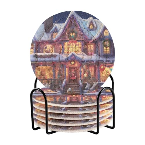 Christmas Hosue 6 Pcs Coasters with Holder,Bar Coasters Set for Drinks,3.9" Round Table Coasters for Coffee Table Tabletop Protection Housewarming Gift for Home Decor 2013339
