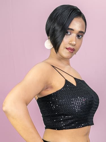 Image of FIGURE'S DESIGNER Women's Spagehtti Neck Strap Sequin Embroidered Sleeveless Readymade Saree Blouse E22