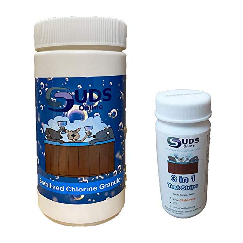 SUDS-ONLINE 1kg Chlorine Granules + 30 X 3 IN 1 Test Strips SWIMMING POOL KIT