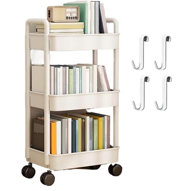 3 Tier Rolling Cart Large Capacity Storage Cart on Wheels Hollow-Out Basket Snack with Dual Handle Rolling Utility with 4 Hooks for Kitchen/Bedroom/Study/Bathroom White-4r6aQP4o