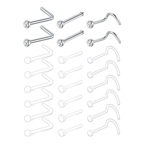 Mayhoop 24 Pcs Clear Nose Studs 22G Bioflex Retainers Acrylic & Stainless Steel CZ Flexible Nose Retainers Studs L Shaped Nose Rings Bone Pin Nose Studs Screw For School Work
