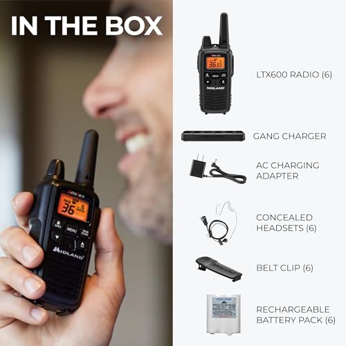 Image of LXT600BBX6 Midland LXT600BBX6 FRS Business Walkie Talkies - Long Range 36-Channel Two-Way Radios with Headsets and Charging Base, NOAA Weather Alerts (6-Pack, Black)