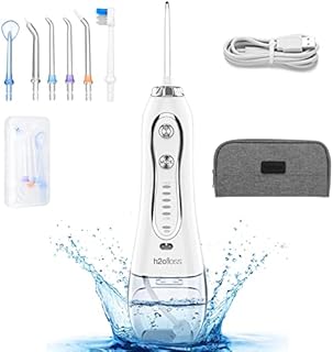 H2ofloss Water Flosser Portable Dental Oral Irrigator with 5 Modes, 6 Replaceable Jet Tips, Rechargeable Waterproof Teeth Cleaner for Home and Travel -300ml Detachable Reservoir (HF-6)