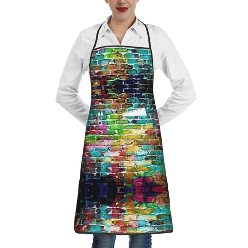 ENVEED Grembiule da lavoro unisex con tasche, motivo a quadri, colore giallo, grigio, nero, con tasche, per adulti, unisex, ideale per cucina, ristorante, mattoni colorati con graffiti, taglia unica,