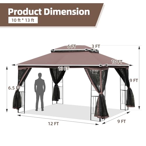 ECOTOUGE Outdoor Gazebo 10\'x13\', Heavy Duty Canopy Tent with Metal Corner Frame Shelves & Soft Double Roofs, Party Tent Shelter with Mosquito Netting for Patio, Deck, Backyard, Brown