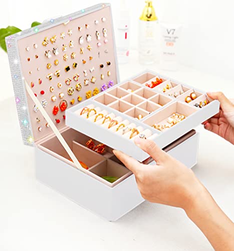 Mtgocha Earrings Jewelry Box For Girls Womens, Bling Jewelry Organizer Box, Earring Box Case For Girls Jewelry Storage Box For Rings Necklace Earrings Holder Stud Earring Organizer,White Diamond #TOP4
