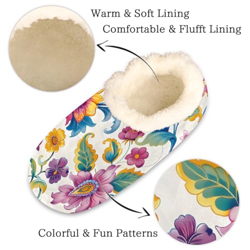 Ethnic Colorful Flowers Floral Slippers for Women Slipper Socks Soft Fuzzy House Slippers Shoes for Indoor Bedroom, Winter Cozy Christmas Gifts2